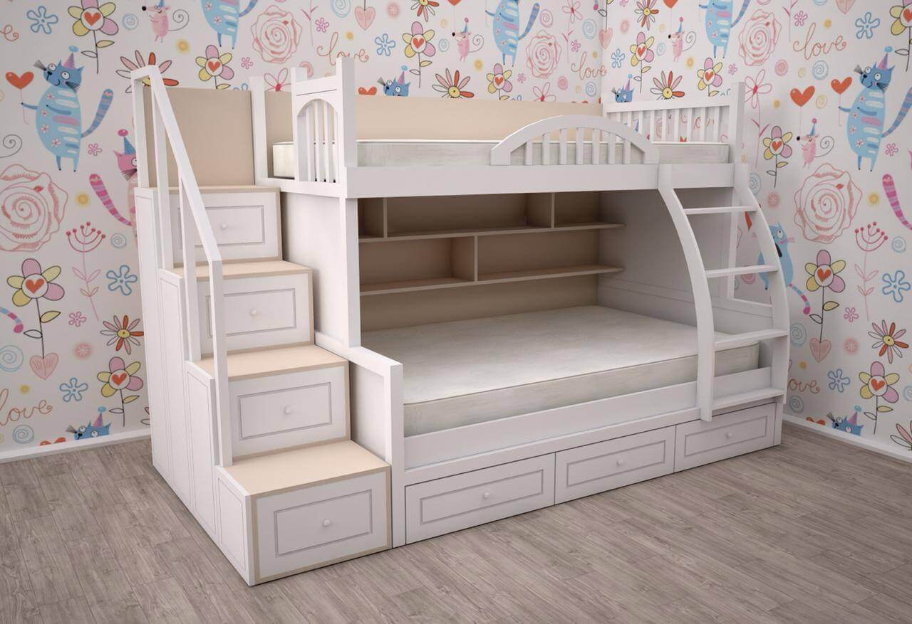 детская двухъярусная кровать с лестницей комодом
